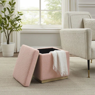 Boucle storage ottoman with lid removed showing spacious interior storage compartment