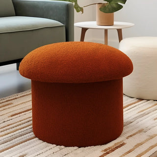 Terracotta Mushroom Ottoman styled in contemporary living space on striped area rug