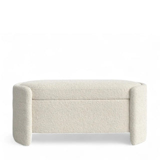Front view of ivory boucle curved storage ottoman