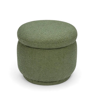 Olive green round boucle ottoman displaying versatile color option and round silhouette