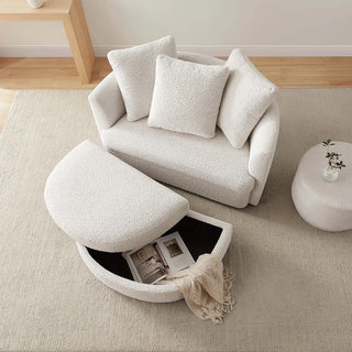 Ottoman companion to oversized boucle chair with storage revealed