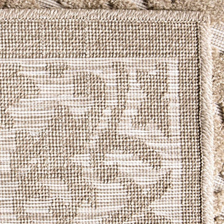 Underside view of boucle area rug showing backing construction and weave pattern