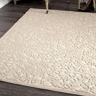 Boucle driftwood area rug placed in living room showing scale and neutral color coordination