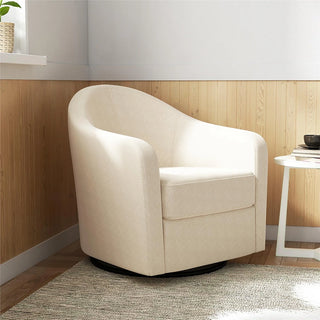 Boucle swivel accent chair positioned in bright room setting showing versatile placement options