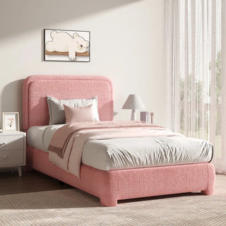 Pink boucle bed frame variant in a contemporary bedroom setting