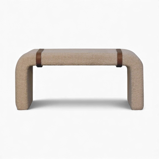 Front view of the Bouclé Bench Cream Leather Strap showing the full rectangular bench with rounded legs and contrasting leather straps on a white background.

