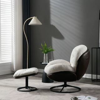 Side angle view of boucle lounge chair with ottoman, showcasing the ergonomic recline and round swivel base.