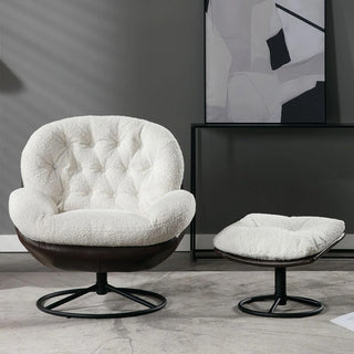 White boucle lounge chair and ottoman placed in a modern living space with dark walls and minimalist decor.