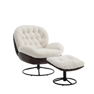 Front view of boucle lounge chair in white faux fur with matching ottoman and swivel metal base.