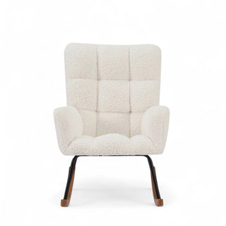 Front view of beige boucle rocking chair with high backrest and armrests on curved wooden legs.