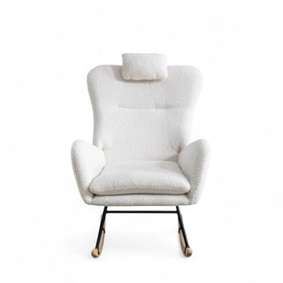 Front view of boucle rocking chair with curved armrests, plush seat, and attached headrest in cream color.