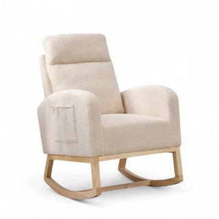 Ivory boucle rocking chair with tall segmented backrest and wooden base shown from front angle