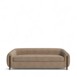 86-inch boucle sofa with curved silhouette in neutral beige featuring round arms and solid wood dowel feet