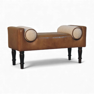 Brown leather bench with beige cushioned ends on a white background