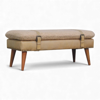 Beige ottoman with wooden legs on a white background