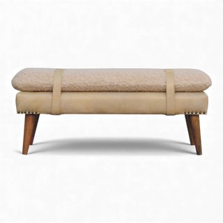 Beige bench with wooden legs on a white background