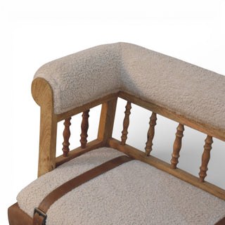 Corner bench with wooden frame and beige cushioned seat and backrest on a white background