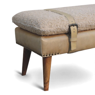 Beige bench with wooden legs on a white background
