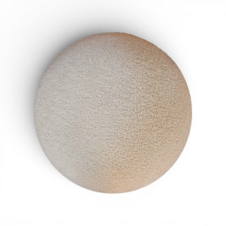 Round beige object with textured surface on a white background
