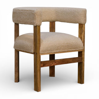 Chair with wooden frame and beige cushioned seat and backrest on a white background