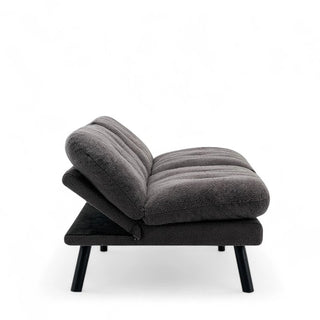 Boucle futon shown in partially reclined lounging position demonstrating adjustable back feature