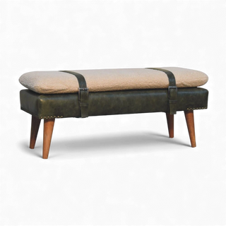 Bench with green leather seat and beige cushion on a white background