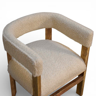 Chair with wooden frame and beige upholstered seat and backrest on a white background