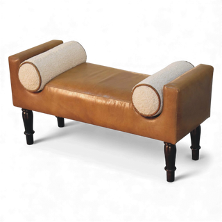 Bouclé Bench Brown Leather with Round Cushions