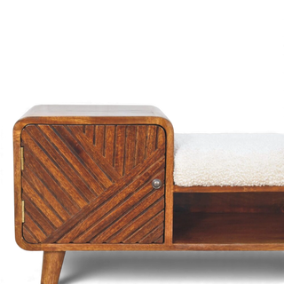 Cream Bouclé Entryway Bench with Carved Chestnut Drawer