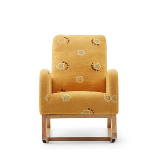 Front view of golden brown boucle rocking chair with wooden base and padded armrests