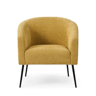 Greta Barrel Chair in warm mustard boucle fabric with modern black metal legs