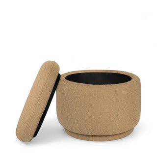 Open round boucle ottoman showing interior storage capacity and removable lid design