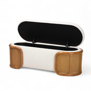 Lift-top storage bench with lid open showing spacious interior compartment for blankets and home items
