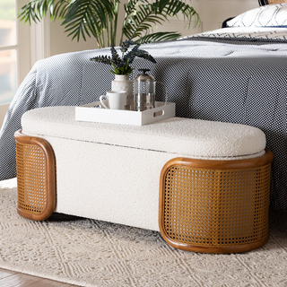 Storage bench positioned at foot of bed showing practical usage in contemporary bedroom setting