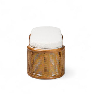 Profile view of Japandi-style storage bench displaying curved silhouette and rattan-wrapped ends