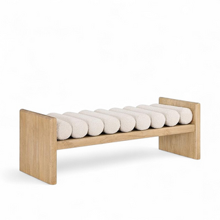 Quarter view of Kyoto Bolster Bench showing oak wood construction