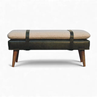 Bench with beige cushion and brown leather straps on a white background