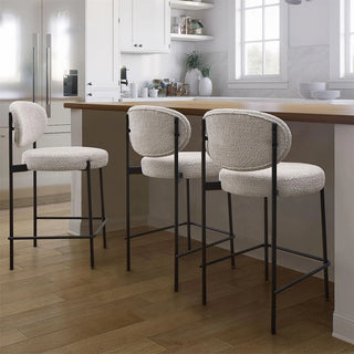 Luna Boucle Counter Stools arranged at kitchen island showing proper height and styling