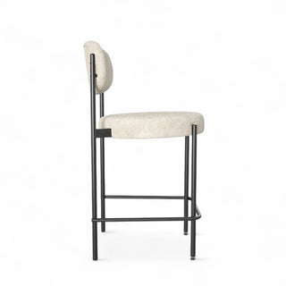 Side profile of Luna Boucle Counter Stool showing 24-inch seat height and ergonomic curved back