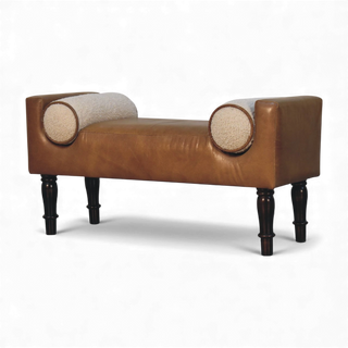 Brown leather bench with woven armrests on a white background