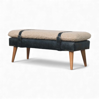 Bench with beige cushion and blue leather sides on a white background