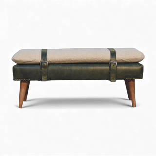 Stool with beige cushion and green leather straps on a white background