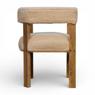 Chair with wooden frame and beige cushioned seat and backrest on a white background
