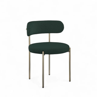 Green boucle dining chair with curved back and gold metal frame