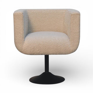 Beige textured armchair with a black base on a white background