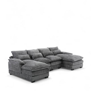 U-shaped configuration of gray boucle sectional showing modular design
