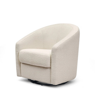Ivory boucle nursery swivel glider chair with barrel design and rounded silhouette on metal base