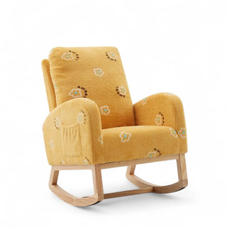 Golden yellow nursery rocking chair with floral pattern upholstery and natural wooden base shown against white background