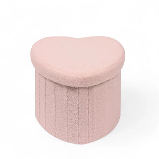 Heart-shaped pink boucle storage ottoman with lift-top lid