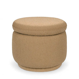 Round boucle ottoman in natural tan color with stacked silhouette and removable top for storage